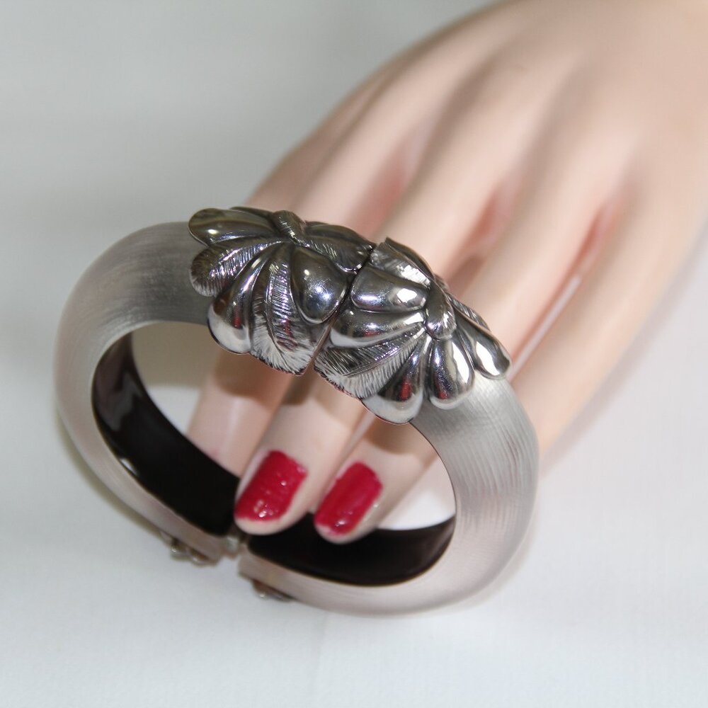 Alexis Bittar Lucite silver tropical Palm Frond Hinged Bracelet.  RARE Gorgeous
